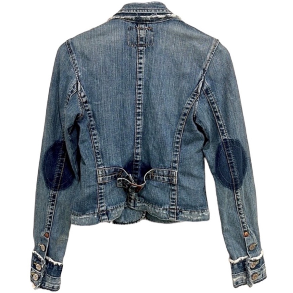 True Religion Distressed Blue Jean Jacket Raw Hem Collar, Pockets, & Cuffs Small - Picture 2 of 12